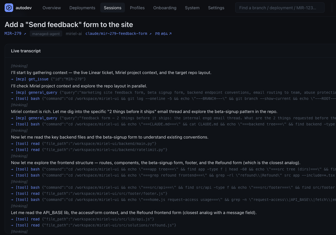 Autodev session transcript for the with-Miriel run (PR #64): the agent's opening steps are two general_query calls to Miriel, asking how feedback submissions should be handled, before it reads any application code