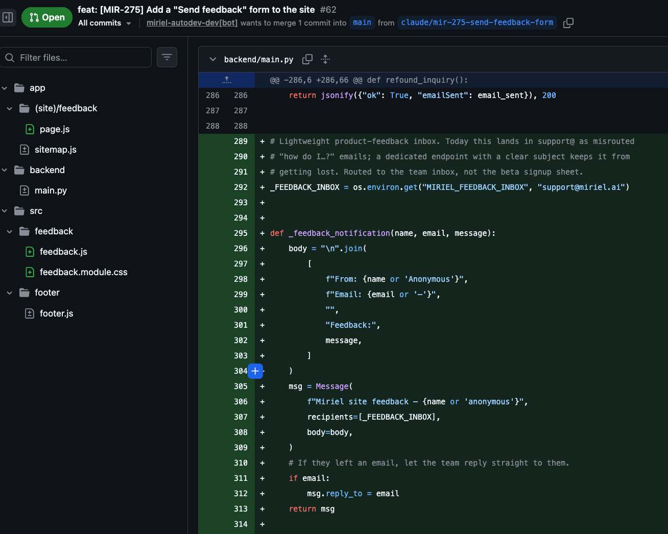 Diff from the without-Miriel run (PR #62): a new Flask endpoint whose _FEEDBACK_INBOX defaults to support@miriel.ai and emails each submission to that inbox